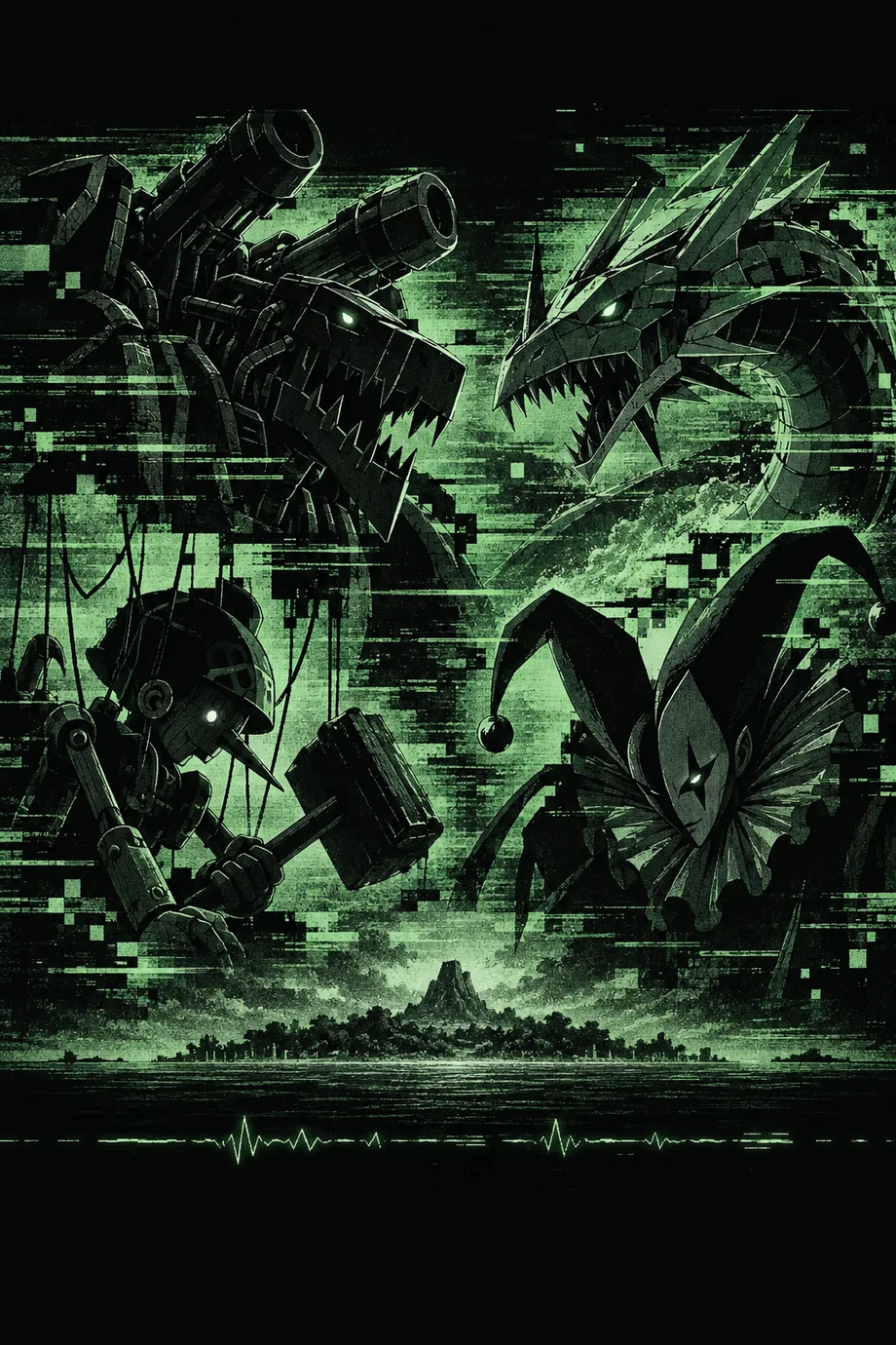 Machinedramon, MetalSeadramon, Puppetmon and Piedmon loom over File Island, fragmented by the Digital World's green signal.