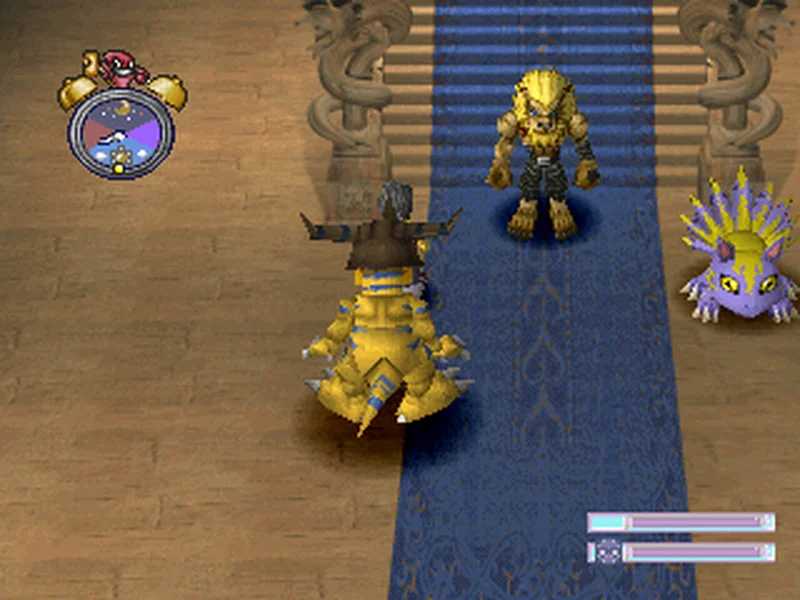 The Guild Hall: Leomon on the stairs above a blue carpet, a Tamer's MetalGreymon before him and the Yuramon greeter at the side