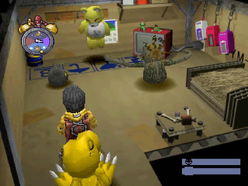Agumon and the Tamer inside a File City shop