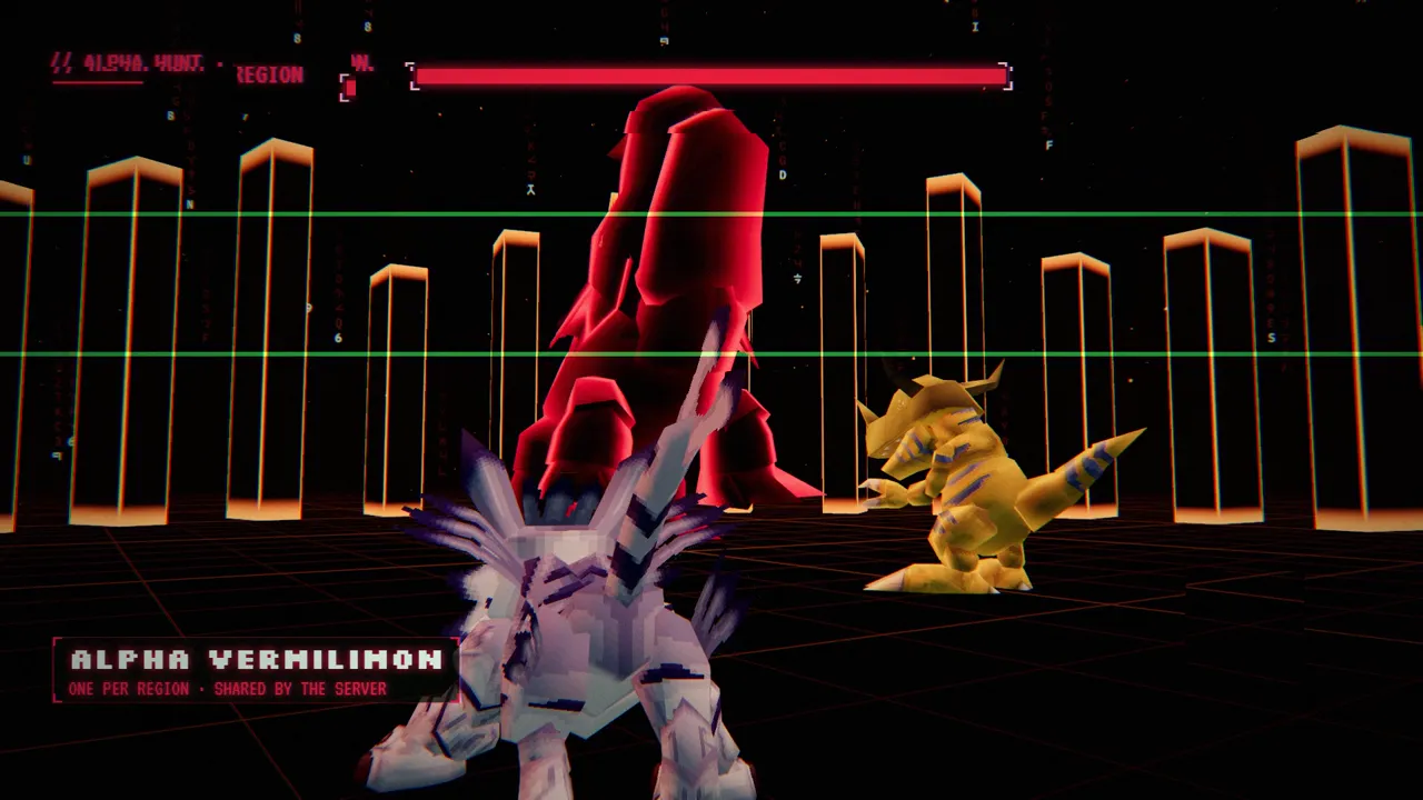 Greymon facing the Alpha Vermilimon in an arena of orange pillars