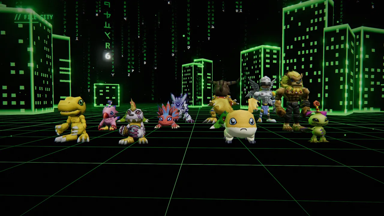 Agumon and a crowd of Digimon in a neon File City
