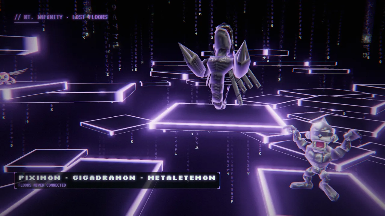 Digimon on floating neon platforms in Mt. Infinity's lost floors