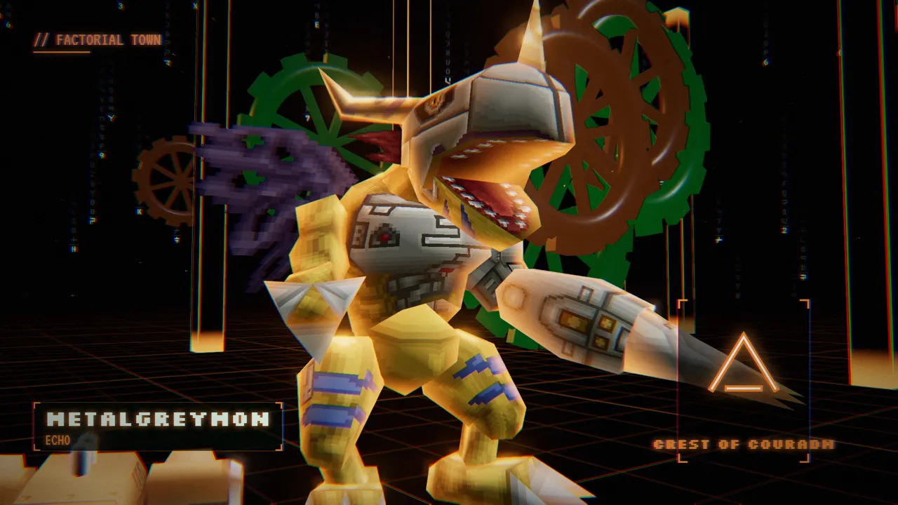 The MetalGreymon Echo in Factorial Town beside the Crest of Courage