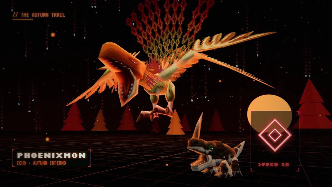 Phoenixmon over the red trees of the Autumn Trail