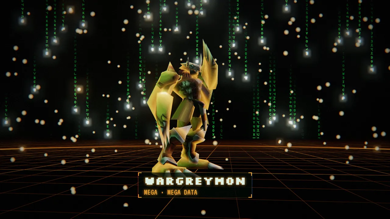 WarGreymon, a Mega evolution, standing in falling green light